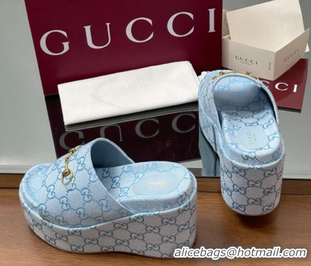 Pretty Style Gucci GG Canvas Wedge Slides Sandal 12cm with Horsebit Light Blue 2025 816328