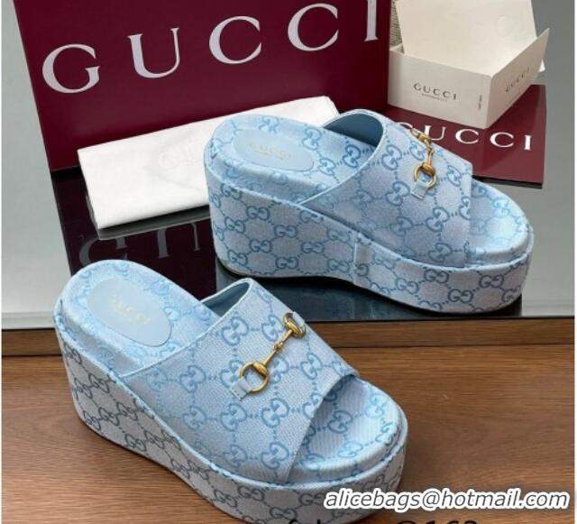 Pretty Style Gucci GG Canvas Wedge Slides Sandal 12cm with Horsebit Light Blue 2025 816328