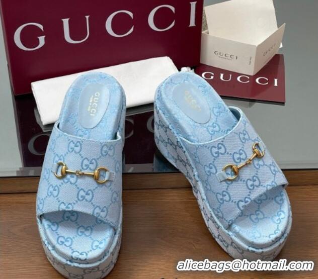 Pretty Style Gucci GG Canvas Wedge Slides Sandal 12cm with Horsebit Light Blue 2025 816328