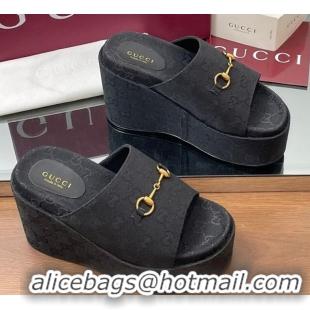 Best Product Gucci GG Canvas Wedge Slides Sandal 12cm with Horsebit Black 2025 816328