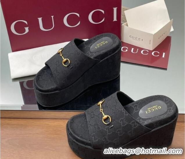 Best Product Gucci GG Canvas Wedge Slides Sandal 12cm with Horsebit Black 2025 816328