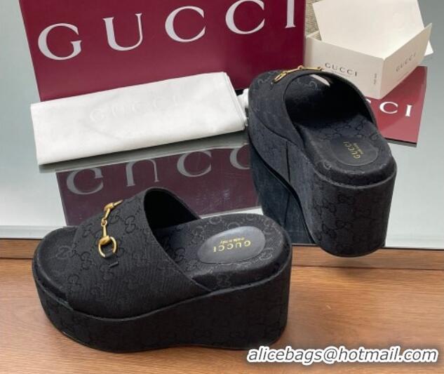 Best Product Gucci GG Canvas Wedge Slides Sandal 12cm with Horsebit Black 2025 816328