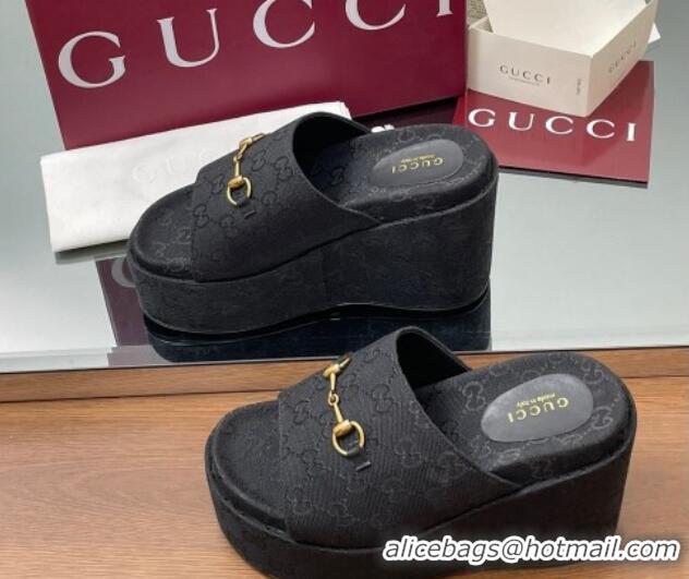 Best Product Gucci GG Canvas Wedge Slides Sandal 12cm with Horsebit Black 2025 816328