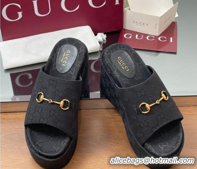 Best Product Gucci GG Canvas Wedge Slides Sandal 12cm with Horsebit Black 2025 816328