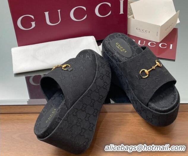 Best Product Gucci GG Canvas Wedge Slides Sandal 12cm with Horsebit Black 2025 816328