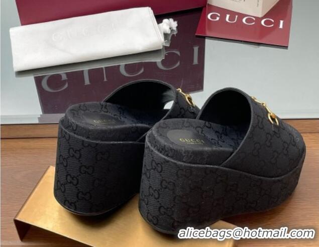 Best Product Gucci GG Canvas Wedge Slides Sandal 12cm with Horsebit Black 2025 816328