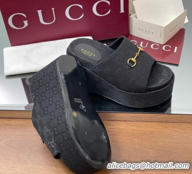 Best Product Gucci GG Canvas Wedge Slides Sandal 12cm with Horsebit Black 2025 816328