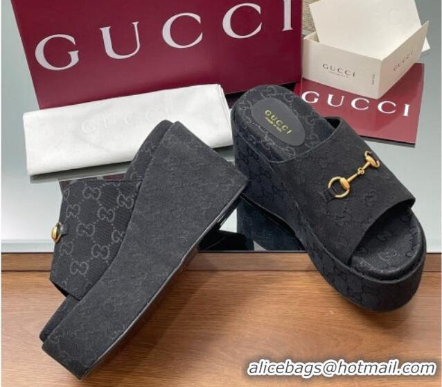 Best Product Gucci GG Canvas Wedge Slides Sandal 12cm with Horsebit Black 2025 816328
