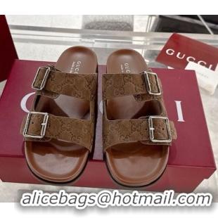 Classic Hot Gucci GG Suede Flat Slides Sandal with Buckle Brown 2025 GG042302