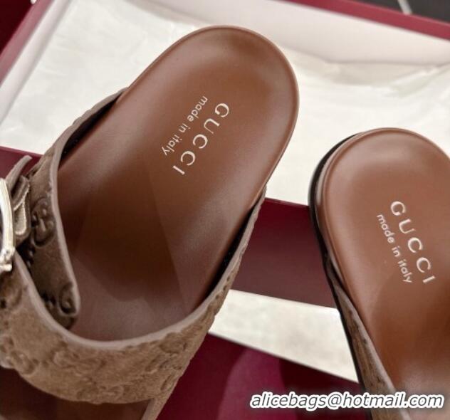 Classic Hot Gucci GG Suede Flat Slides Sandal with Buckle Brown 2025 GG042302