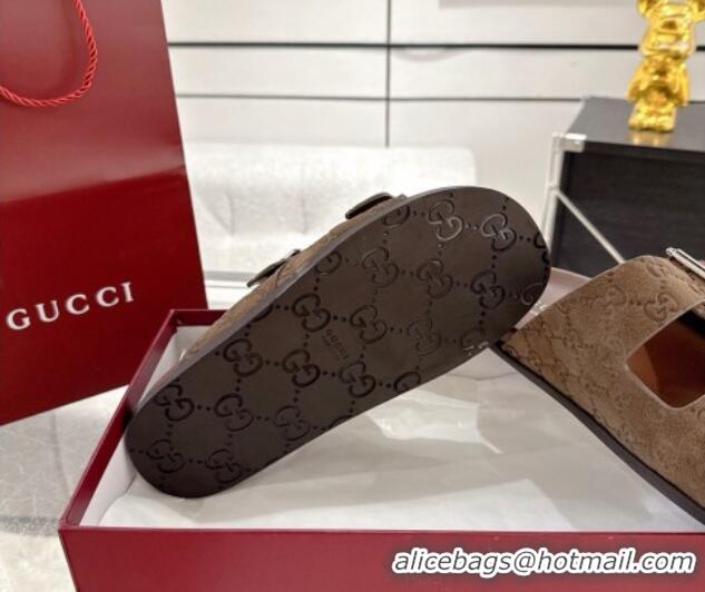 Classic Hot Gucci GG Suede Flat Slides Sandal with Buckle Brown 2025 GG042302