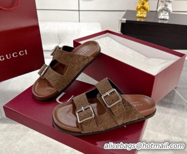 Classic Hot Gucci GG Suede Flat Slides Sandal with Buckle Brown 2025 GG042302