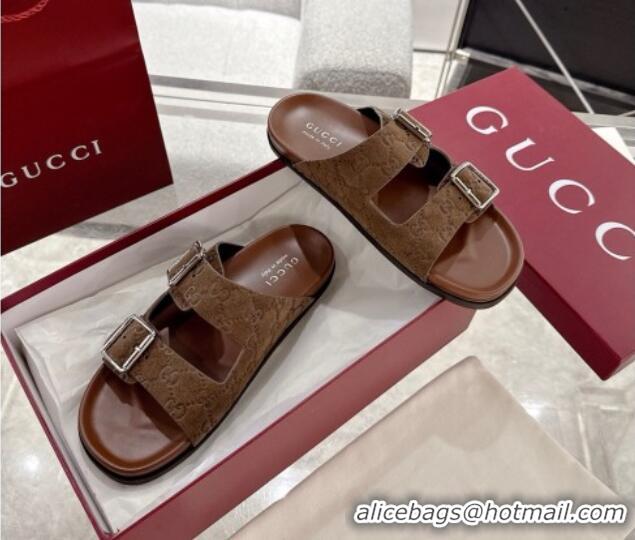 Classic Hot Gucci GG Suede Flat Slides Sandal with Buckle Brown 2025 GG042302
