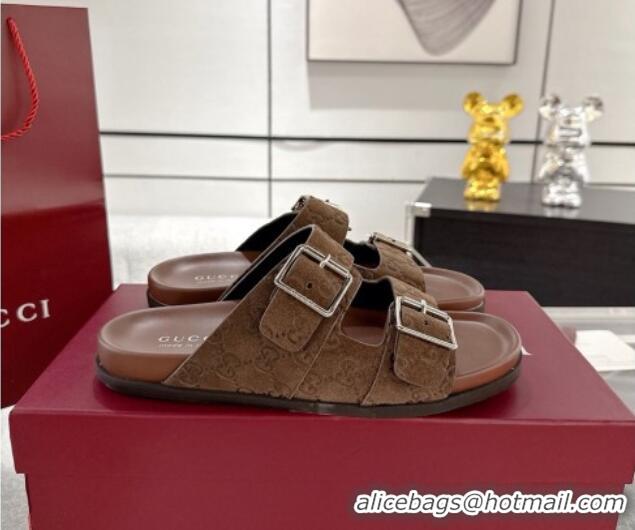Classic Hot Gucci GG Suede Flat Slides Sandal with Buckle Brown 2025 GG042302