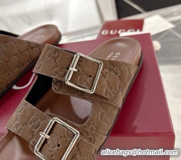 Classic Hot Gucci GG Suede Flat Slides Sandal with Buckle Brown 2025 GG042302