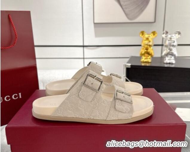 Top Grade Gucci GG Suede Flat Slides Sandal with Buckle Beige 2025 GG042302