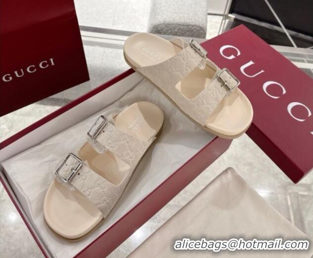 Top Grade Gucci GG Suede Flat Slides Sandal with Buckle Beige 2025 GG042302