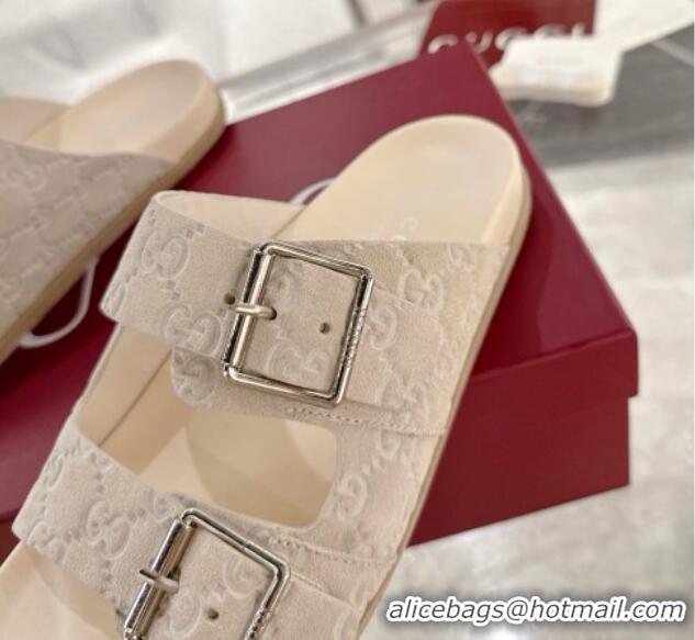 Top Grade Gucci GG Suede Flat Slides Sandal with Buckle Beige 2025 GG042302