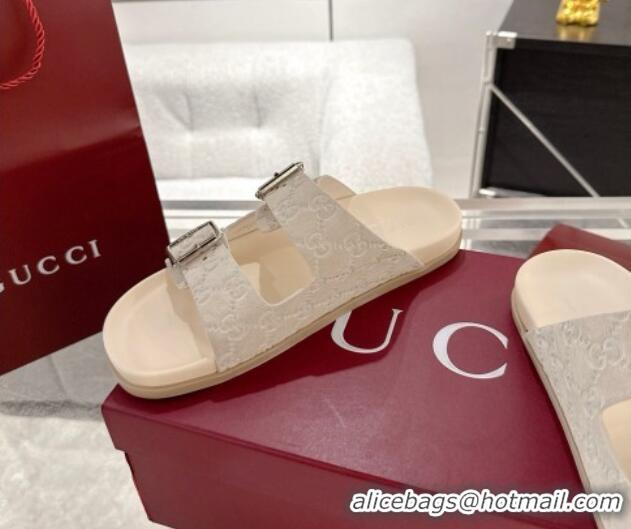 Top Grade Gucci GG Suede Flat Slides Sandal with Buckle Beige 2025 GG042302