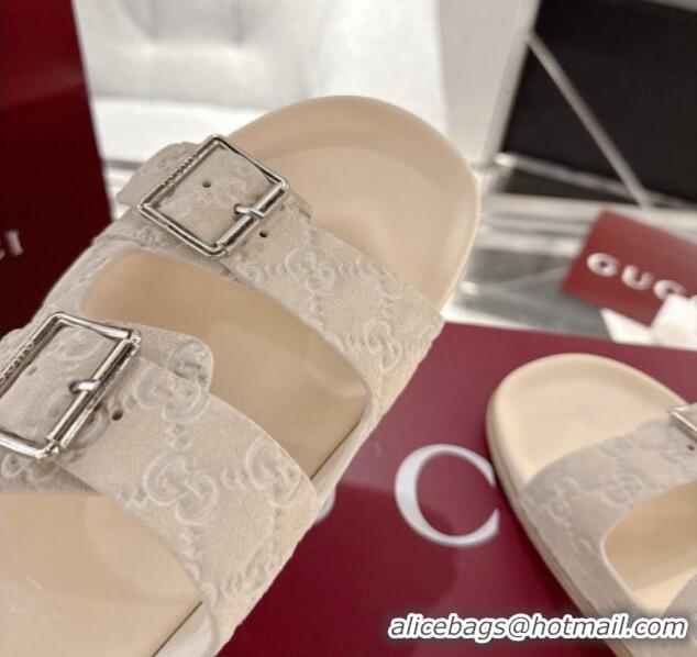 Top Grade Gucci GG Suede Flat Slides Sandal with Buckle Beige 2025 GG042302
