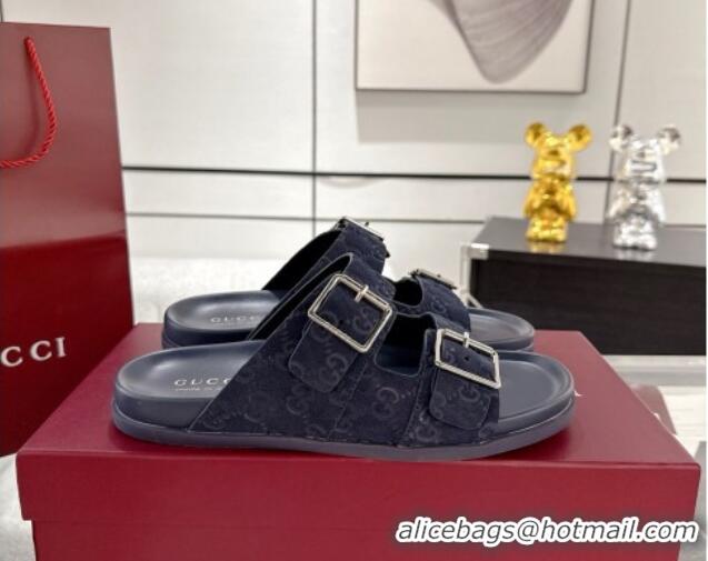 Unique Style Gucci GG Suede Flat Slides Sandal with Buckle Blue 2025 GG042302