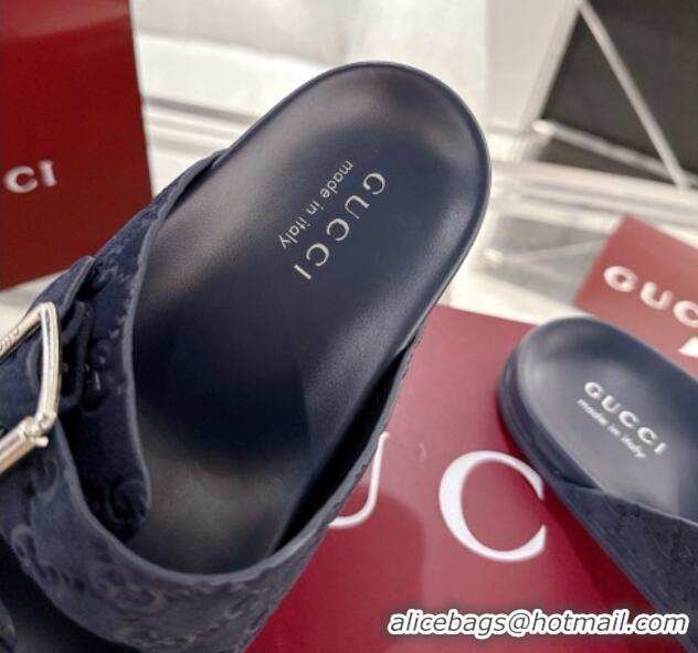 Unique Style Gucci GG Suede Flat Slides Sandal with Buckle Blue 2025 GG042302