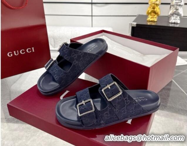 Unique Style Gucci GG Suede Flat Slides Sandal with Buckle Blue 2025 GG042302