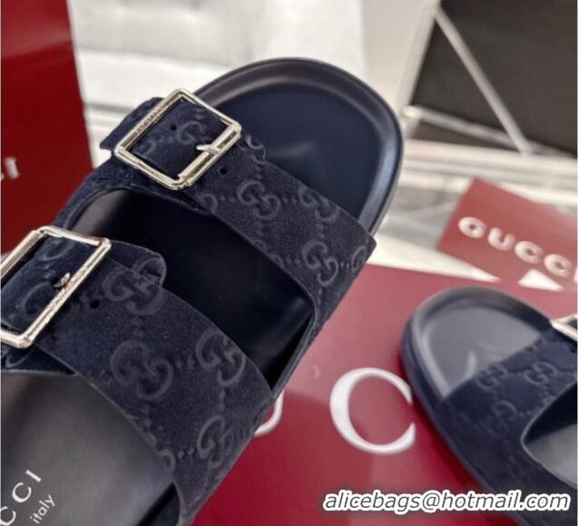 Unique Style Gucci GG Suede Flat Slides Sandal with Buckle Blue 2025 GG042302