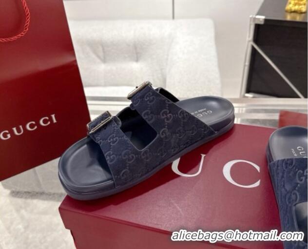 Unique Style Gucci GG Suede Flat Slides Sandal with Buckle Blue 2025 GG042302