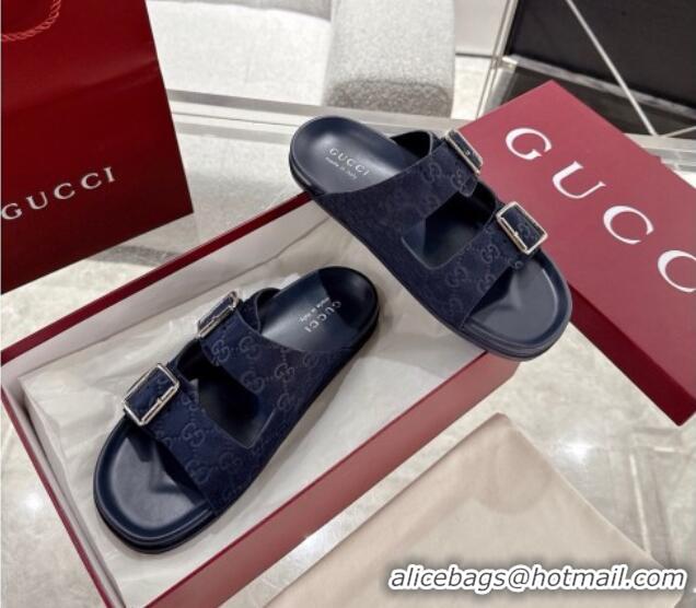 Unique Style Gucci GG Suede Flat Slides Sandal with Buckle Blue 2025 GG042302