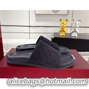 Trendy Design Gucci GG Suede Flat Slides Sandal with Wide Strap Dark Blue 2025 834941