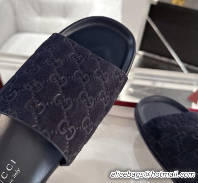 Trendy Design Gucci GG Suede Flat Slides Sandal with Wide Strap Dark Blue 2025 834941