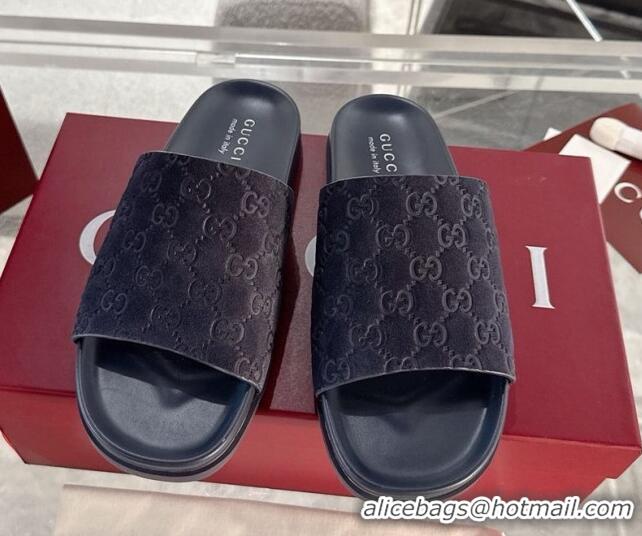 Trendy Design Gucci GG Suede Flat Slides Sandal with Wide Strap Dark Blue 2025 834941