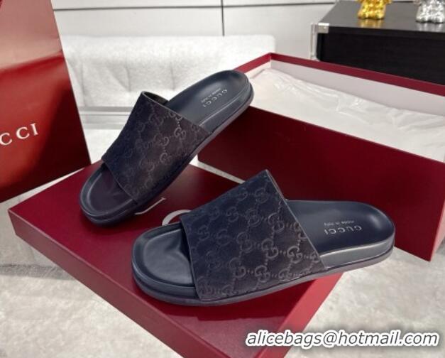 Trendy Design Gucci GG Suede Flat Slides Sandal with Wide Strap Dark Blue 2025 834941