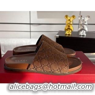 Stylish Gucci GG Suede Flat Slides Sandal with Wide Strap Brown 2025 834941