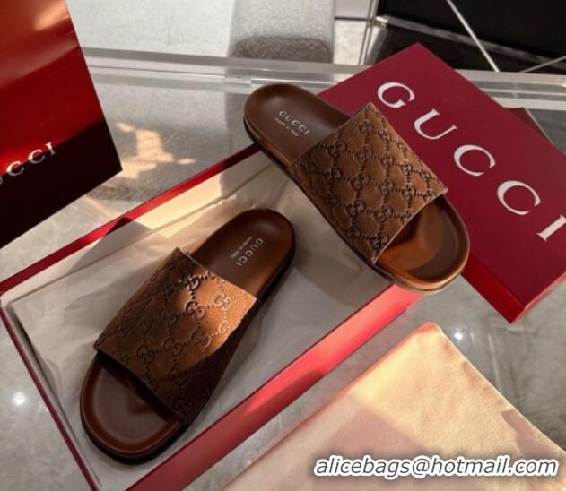 Stylish Gucci GG Suede Flat Slides Sandal with Wide Strap Brown 2025 834941