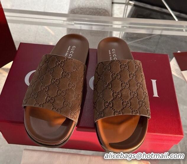 Stylish Gucci GG Suede Flat Slides Sandal with Wide Strap Brown 2025 834941