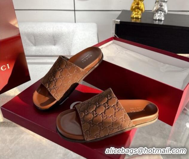 Stylish Gucci GG Suede Flat Slides Sandal with Wide Strap Brown 2025 834941