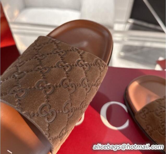 Stylish Gucci GG Suede Flat Slides Sandal with Wide Strap Brown 2025 834941