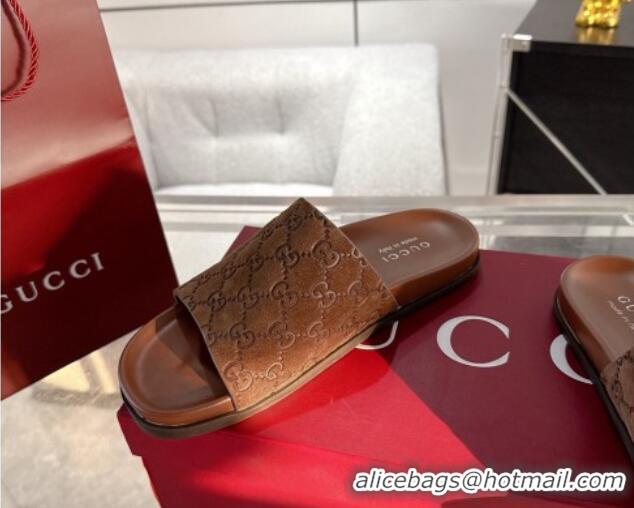 Stylish Gucci GG Suede Flat Slides Sandal with Wide Strap Brown 2025 834941