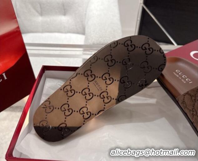 Stylish Gucci GG Suede Flat Slides Sandal with Wide Strap Brown 2025 834941
