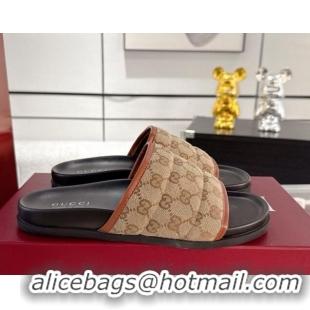 Luxury Gucci GG Padded Canvas Flat Slides Sandal with Wide Strap Beige 2025 838089