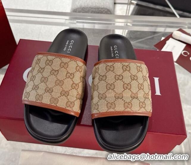 Luxury Gucci GG Padded Canvas Flat Slides Sandal with Wide Strap Beige 2025 838089