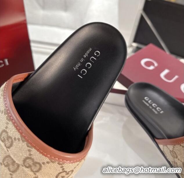 Luxury Gucci GG Padded Canvas Flat Slides Sandal with Wide Strap Beige 2025 838089