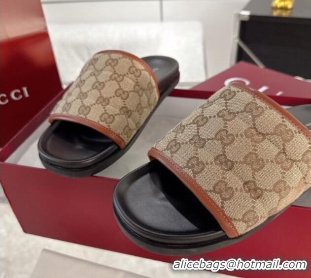 Luxury Gucci GG Padded Canvas Flat Slides Sandal with Wide Strap Beige 2025 838089