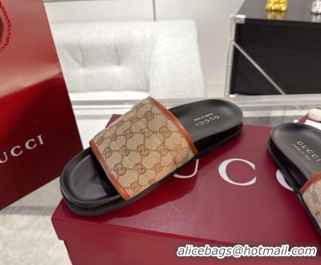 Luxury Gucci GG Padded Canvas Flat Slides Sandal with Wide Strap Beige 2025 838089