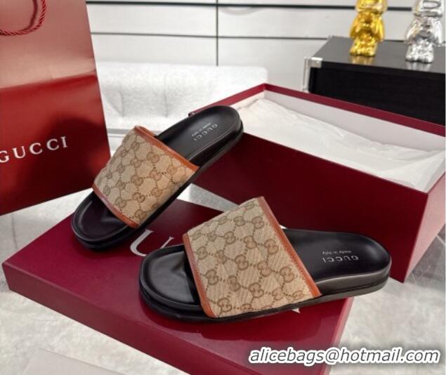 Luxury Gucci GG Padded Canvas Flat Slides Sandal with Wide Strap Beige 2025 838089