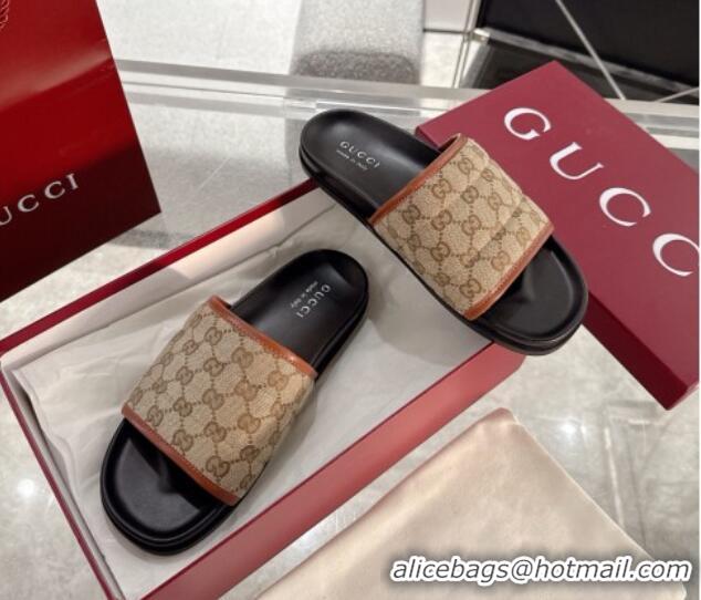Luxury Gucci GG Padded Canvas Flat Slides Sandal with Wide Strap Beige 2025 838089