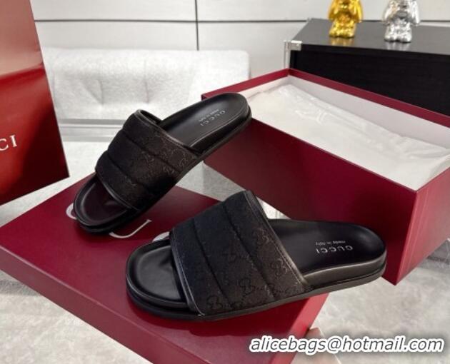 Luxurious Gucci GG Padded Canvas Flat Slides Sandal with Wide Strap Black 2025 838089