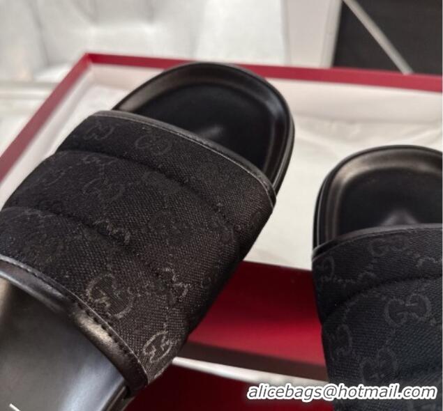 Luxurious Gucci GG Padded Canvas Flat Slides Sandal with Wide Strap Black 2025 838089
